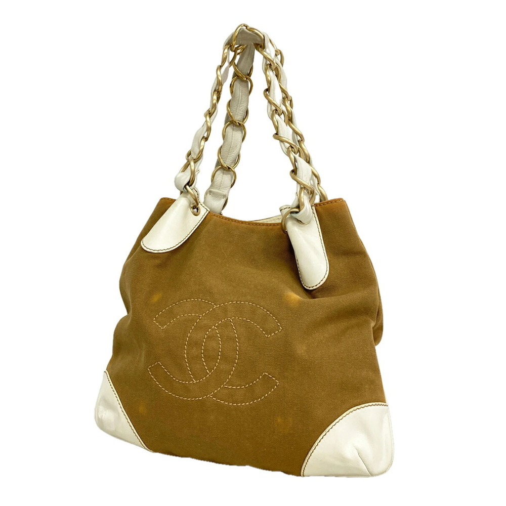 Chanel Tote Bag / Chain Canvas Beige White Women's